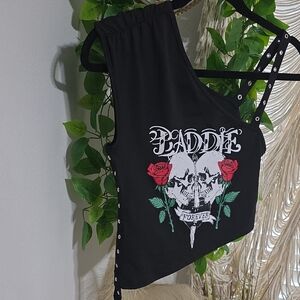 Urban Republic Black Asymmetrical Top with Red and White Graphic